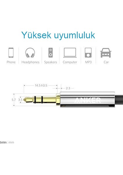 3.5mm Aux Ses Kablosu 1.2 mt - Siyah - A7123 (Anker Türkiye Garantili) modelleri