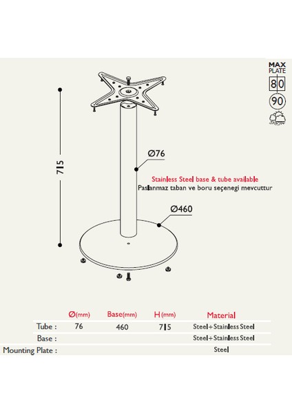 11.200 Ortadan Masa Ayağı Taban Çapı 460Mm Parlak Krom Kaplama fiyatları