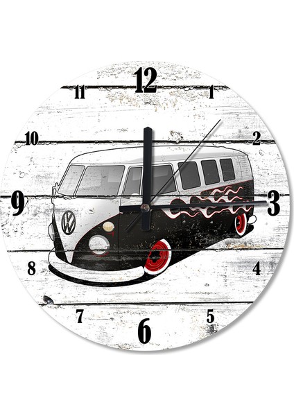 Kırmızı Jantlı Vosvos Minibüs Ahşap Duvar Saati