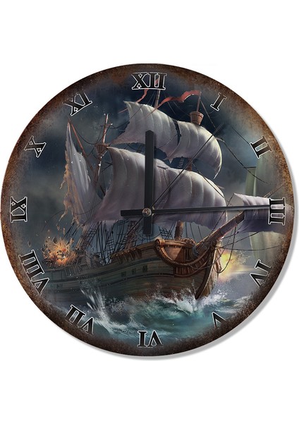 Dalgalarla Şavaşan Yelkenli Roma Rakamlı Tasarım Duvar Saati