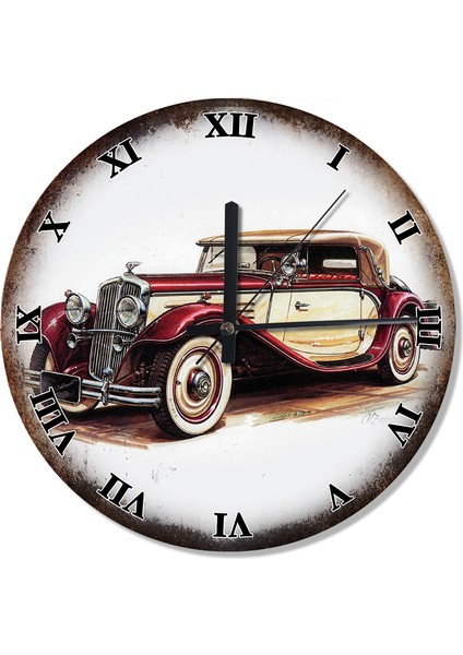 Bordo Beyaz Klasik Otomobil Roma Rakamlı Desenli Duvar Saati
