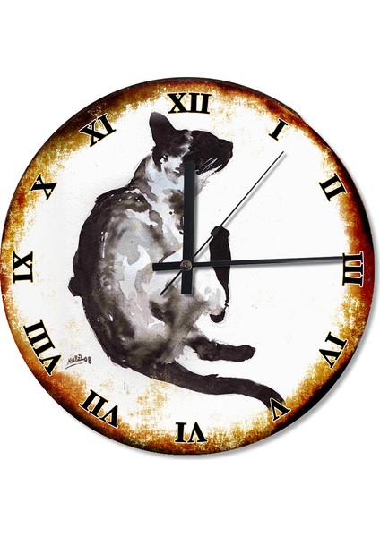 Keyifli Kara Kedi Roma Rakamlı Desenli Duvar Saati