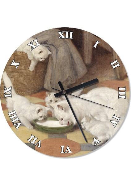 Süt İçen Beyaz Kedi Aile Tasarım Duvar Saati