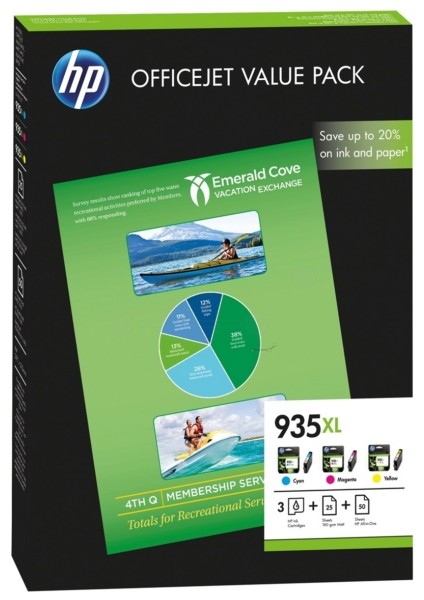 935Xl F6U78Ae Sarı/Kırmızı/Mavi 3Lü Paket Kartuş + 25 Mat Kağıt + 50 Foto. Kağıdı