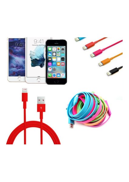 Renkli iPhone Uyumlu 5 5S 6 6S USB Data Kablosu - Kırmızı