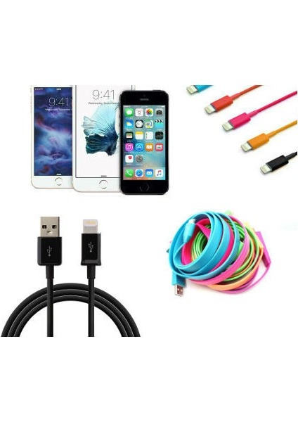 Renkli iPhone Uyumlu 5 5S 6 6S USB Data Kablosu - Siyah