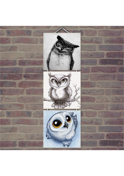 Ahşap Tablo Sevimli Baykuş Fügürleri Baskılı 14X14 Cm 3 Parça