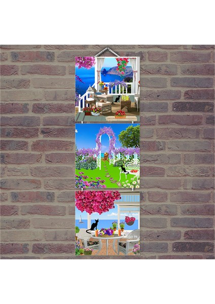 Ahşap Tablo Çiçekler İçinde Kara Kedi Baskılı 14X14 Cm 3 Parça