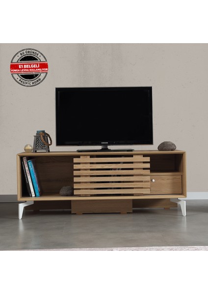 Lulu Metal Ayaklı Sürgülü Tv Ünitesi, 125 Cm, Meşe