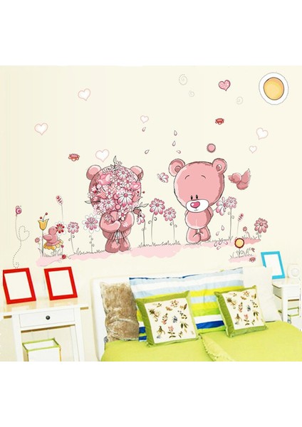 Bebek ve Çocuk Odası Dekorasyonu Duvar Sticker Pembe Dekor Çiçekli Sevimli Ayıcıklar Hediyelik Çıkartma