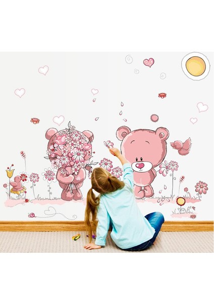 Bebek ve Çocuk Odası Dekorasyonu Duvar Sticker Pembe Dekor Çiçekli Sevimli Ayıcıklar Hediyelik Çıkartma fiyatları