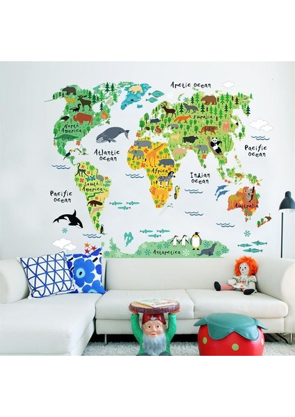 Çocuk Odası Dekoru Hayvanlı Dünya Haritası Atlas Kendinden Yapışkanlı PVC Duvar Sticker