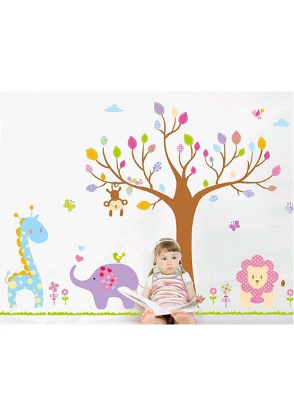 Çocuk Odası Dekorasyonu Renkli Ağaç ve Hayvanlar Kendinden Yapışkanlı PVC Duvar Sticker Hediyelik Görsel