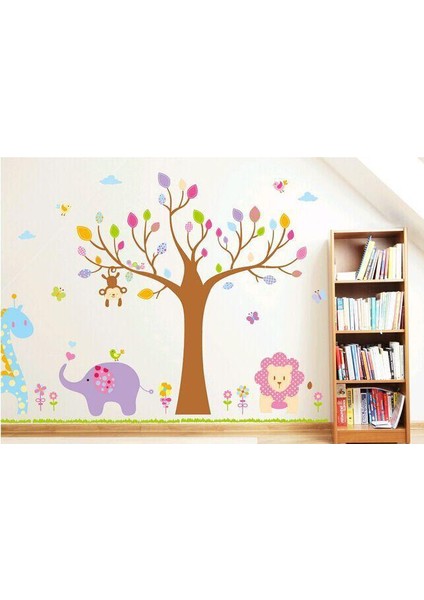 Çocuk Odası Dekorasyonu Renkli Ağaç ve Hayvanlar Kendinden Yapışkanlı PVC Duvar Sticker Hediyelik Görsel fiyatları