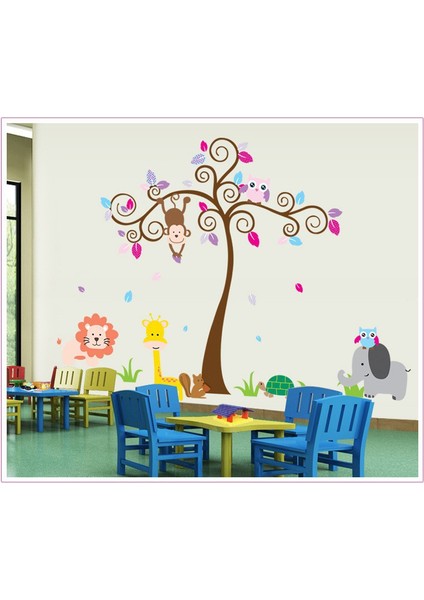 Ağaç ve Sevimli Hayvanlar Çocuk ve Bebek Odası Dekoru Kendinden Yapışkanlı PVC Duvar Sticker