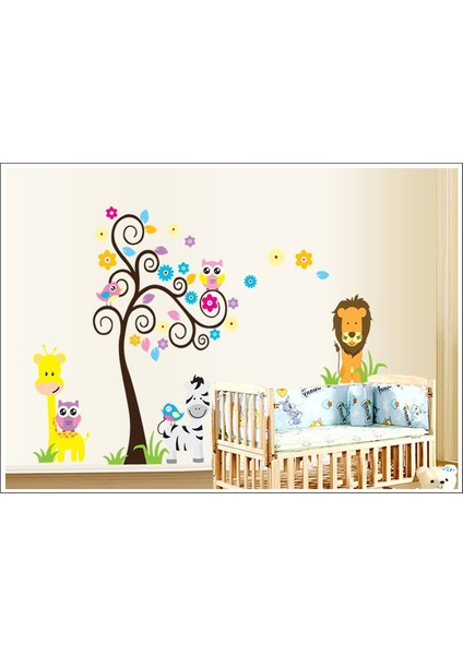 Çocuk Odası Dekorasyonu Ağaç Aslan Zebra ve Kuşlar Kendinden Yapışkanlı PVC Duvar Sticker Dekor