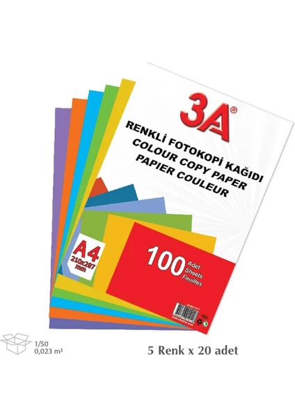 3A Renkli Fotokopi Kağıdı A4 Boyutunda 5 Renk 100 Adet Kağıt