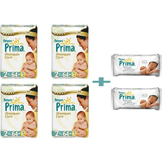 Prima Bebek Bezi Premium Care Mini Paket 2 Beden 128 Adet + Prima Islak Havlu Mendil (2 Adet)