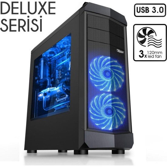 Power Boost Deluxe Serisi VK-G1023S 3x12cm Mavi Led Fanlı, USB 3.0, Pencereli Oyuncu Kasa JBST-VKG1023S