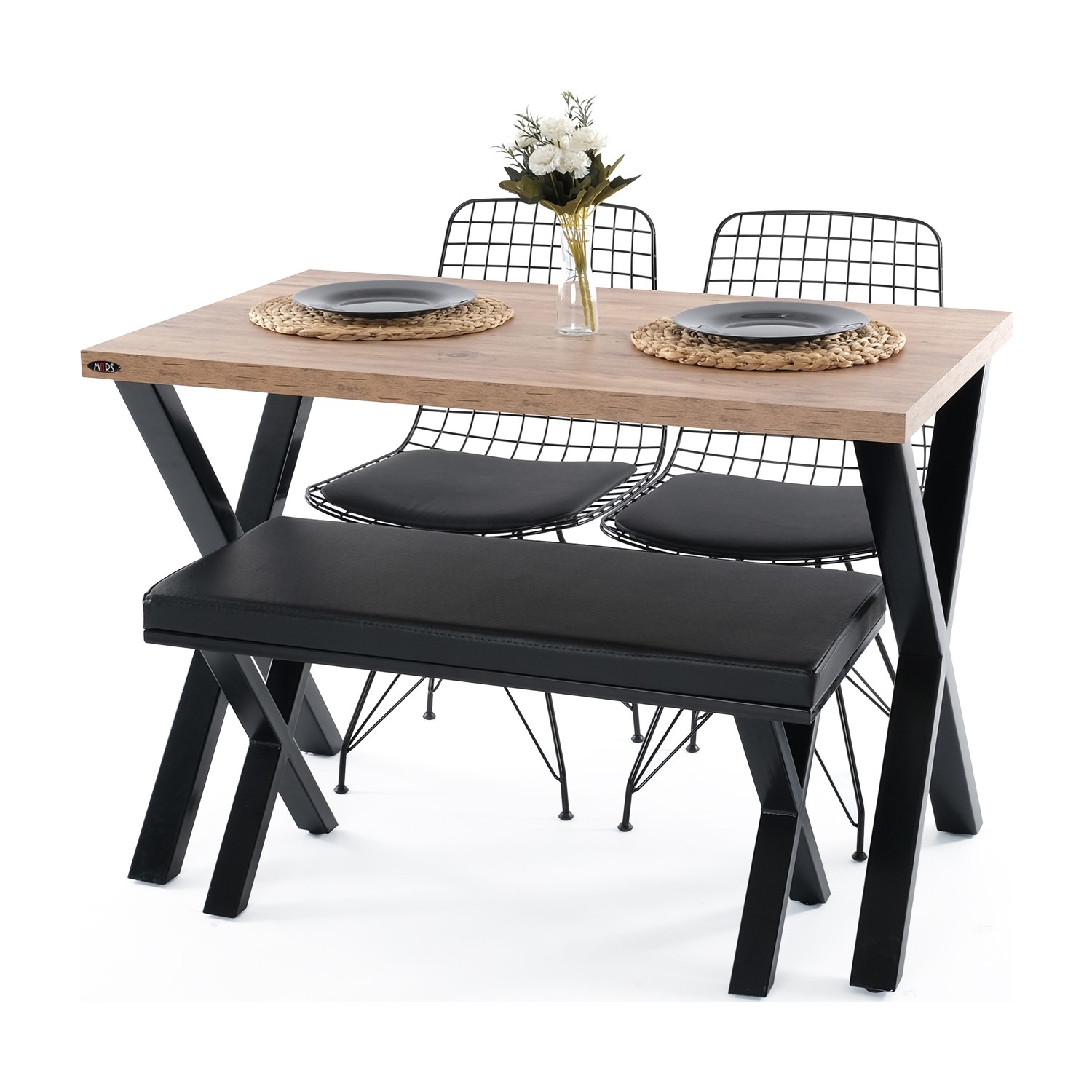 Mars Mobilya Woody Çam Metal Ayaklı Mutfak Masa ve Bench