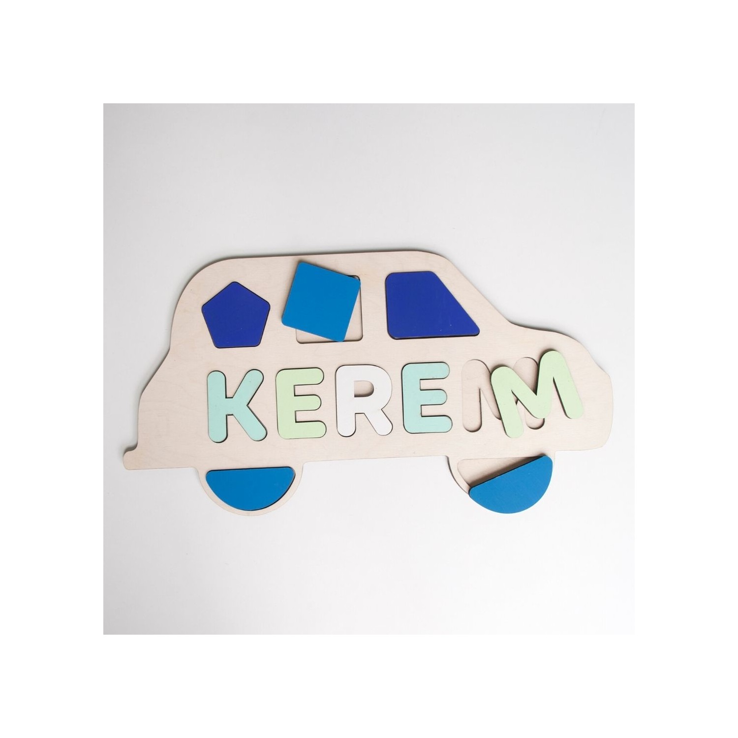 Minibon İsme Özel Eğitici Ahşap Bebek Yapboz Araba Biçimli