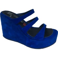 Elegan Süet Saks Mavi Dolgu Topuk Bantlı Terlik