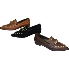 Elegan Gold Zincir ve Taş Aksesuarlı Taba Deri Loafer Babet