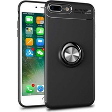 Case 4U Apple iPhone 7-8 Plus Kılıf Autofocus Shockprof Ravel Yüzüklü Standlı Slikon Kapak + Cam Ekran Koruyucu Siyah