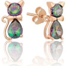 Papatya Silver Rose Altın Kaplama Mistik Topaz Taşlı Gümüş Kedi Küpe