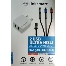 Linksmart 2 USB Ultra Hızlı Şarj+  3in1 Şarj Kablosu