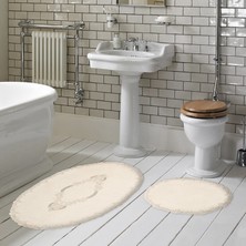 Alanur Home Alanur Zümra Lüx Pamuklu Aplikli Oval Banyo Takımı 2'li Set Krem