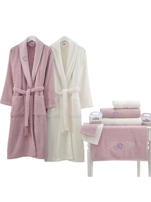 Nurpak Begonvil 3D Nakışlı Aile Bornoz Seti 10 Parça Krem - Mürdüm