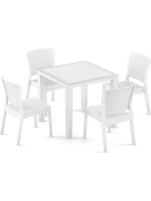 Bintaş Mobilya Beyaz Rattan Plastik Kare Dış Mekan Bahçe Masa Sandalye Takımı