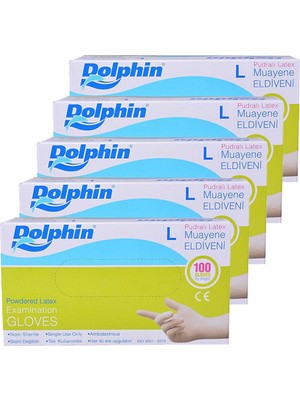 Dolphin Pudralı Latex Eldiven L Beyaz 100'lü 5'li Tek Kullanımlık Sağlık ve Hijyen İçin