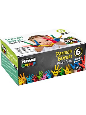 Nova Color Parmak Boyası - 6 Renk (Sarı, Kırmızı, Mavi, Yeşil, Beyaz, Siyah) Küçük Boy, Çocuklar İçin Eğlenceli Desenler