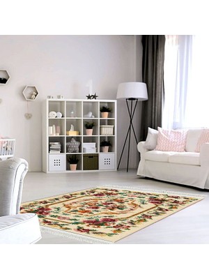 Henge Püsküllü Klasik Baskılı Nakış Desen Bordo Çiçekli Göbekli Bej Kilim HG326 80 x 150 cm