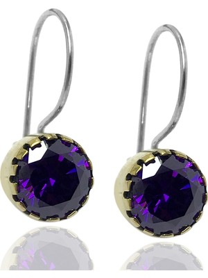 Midyat Nurtaş Gümüş Ametist Taşlı Yuvarlak Otantik  Gümüş Küpe