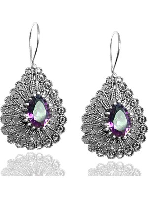 Midyat Nurtaş Gümüş Mistik Topaz Taşlı Yuvarlak Model  Telkari Gümüş Küpe