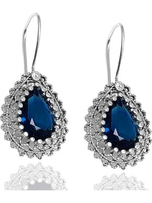 Midyat Nurtaş Gümüş Safir Taşlı Damla Model  Telkari Gümüş Küpe