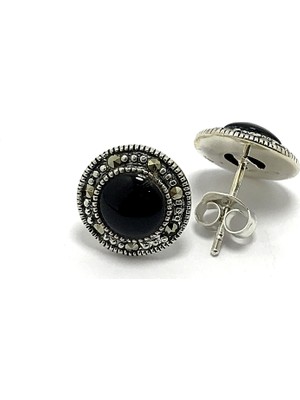 Midyat Nurtaş Gümüş Oniks Taşlı Yuvarlak Markazit Bayan Gümüş Küpe