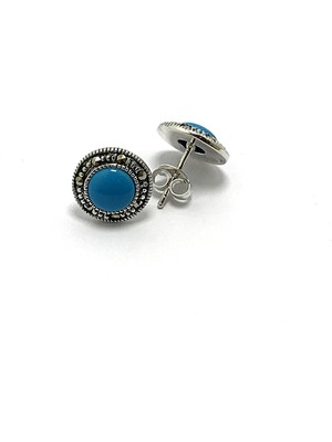 Midyat Nurtaş Gümüş Firuze Taşlı Yuvarlak Markazit Bayan Gümüş Küpe