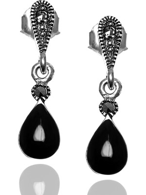 Midyat Nurtaş Gümüş Oniks ve Markazit Taşlı 925 Ayar Gümüş Bayan Küpe