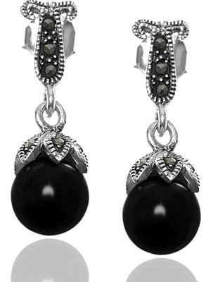 Midyat Nurtaş Gümüş Oniks ve Markazit Taşlı 925 Ayar Gümüş Bayan Küpe