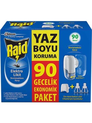 Raid Elektro Likit Sivrisinek Kovucu 90 Gece Etkili 1 Isıtıcı 2 Yedek 54.8 ml Ekonomik Paket