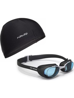 Nabaiji Yetişkin (L) Boy Yüzücü Gözlüğü + Kumaş Yüzücü Bonesi (Siyah)
