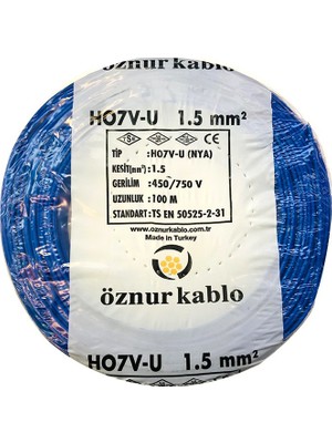 Öznur 1,5 Mm Nya Kablo - 100 Metre Mavi