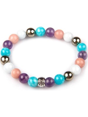 Alibaba Doğaltaş Pirit – Ametist –  Akuamarin- Amazonit – Mangona Kalsit Doğal Taş Bileklik 8 mm Küre Kesim