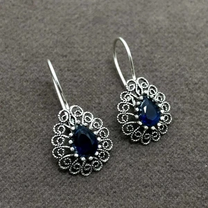 Midyat Nurtaş Gümüş Safir Taşlı Damla Model Oksitli Telkari Gümüş Kadın Küpe