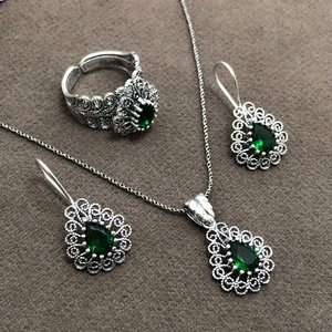 Midyat Nurtaş Gümüş Yakut Taşlı Oksitli Telkari Kadın Gümüş Üçlü Set