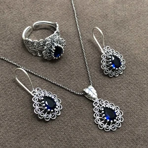 Midyat Nurtaş Gümüş Safir Taşlı Oksitli Telkari Kadın Gümüş Üçlü Set
